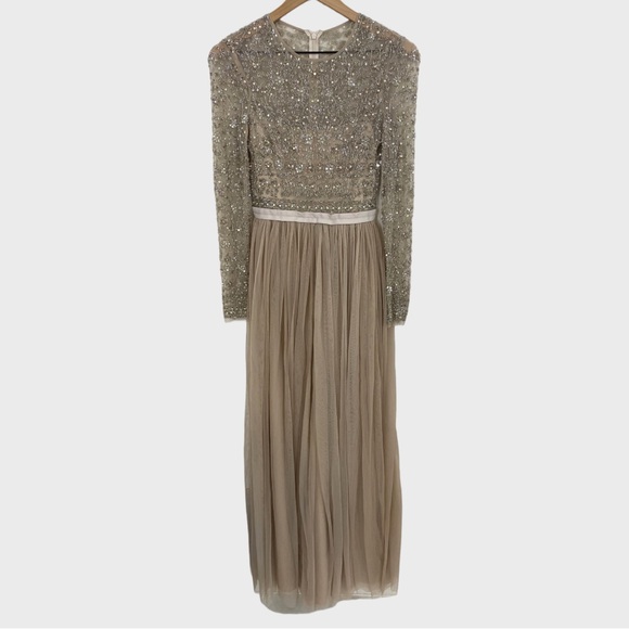 Long Tulle Dress with Beaded Straps Taupe Plus Size main image 1
